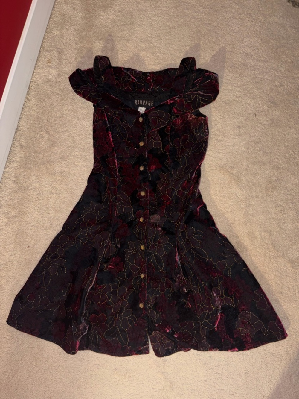 Vintage Black and Burgundy Floral Fit-and-Flare Dress